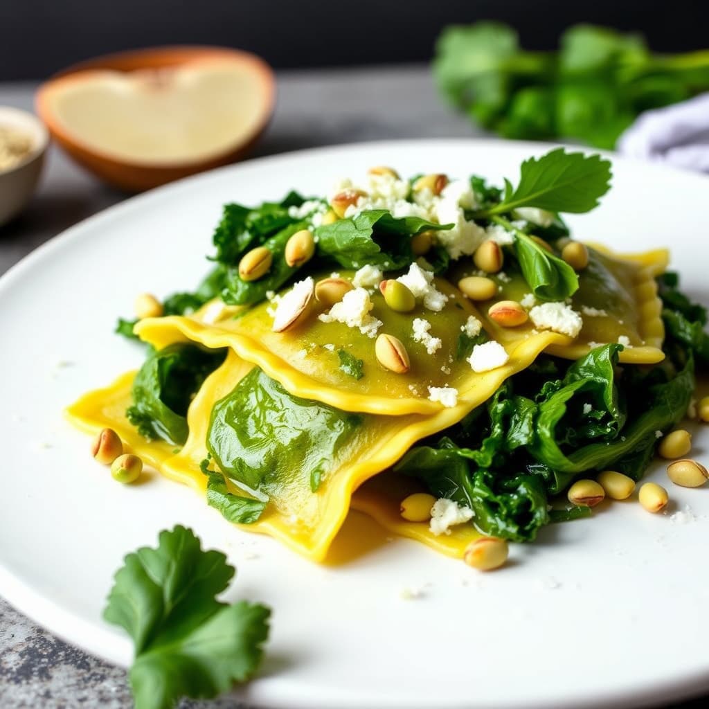 Brokkoli Rabe-ravioli med Parmigiano og pistasj