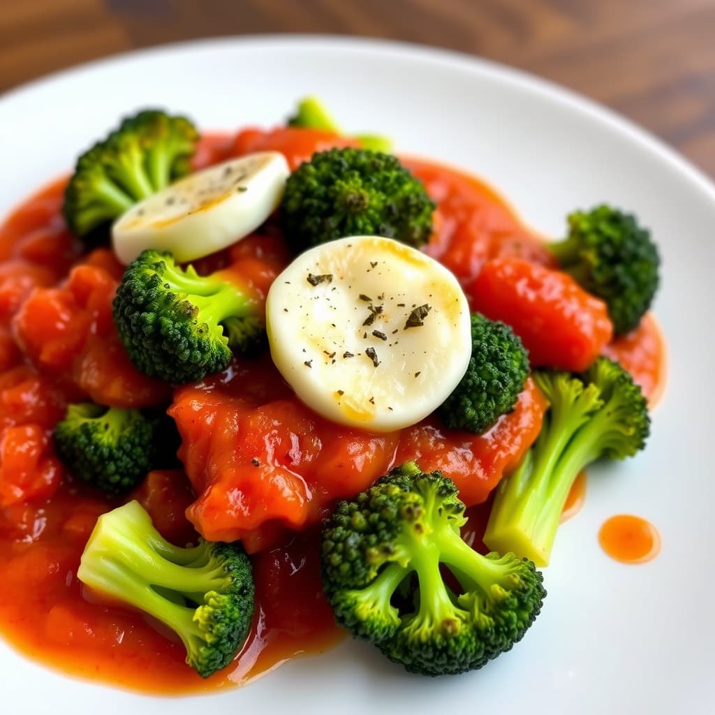 Brokkoli, tomatsaus og røkt mozzarella