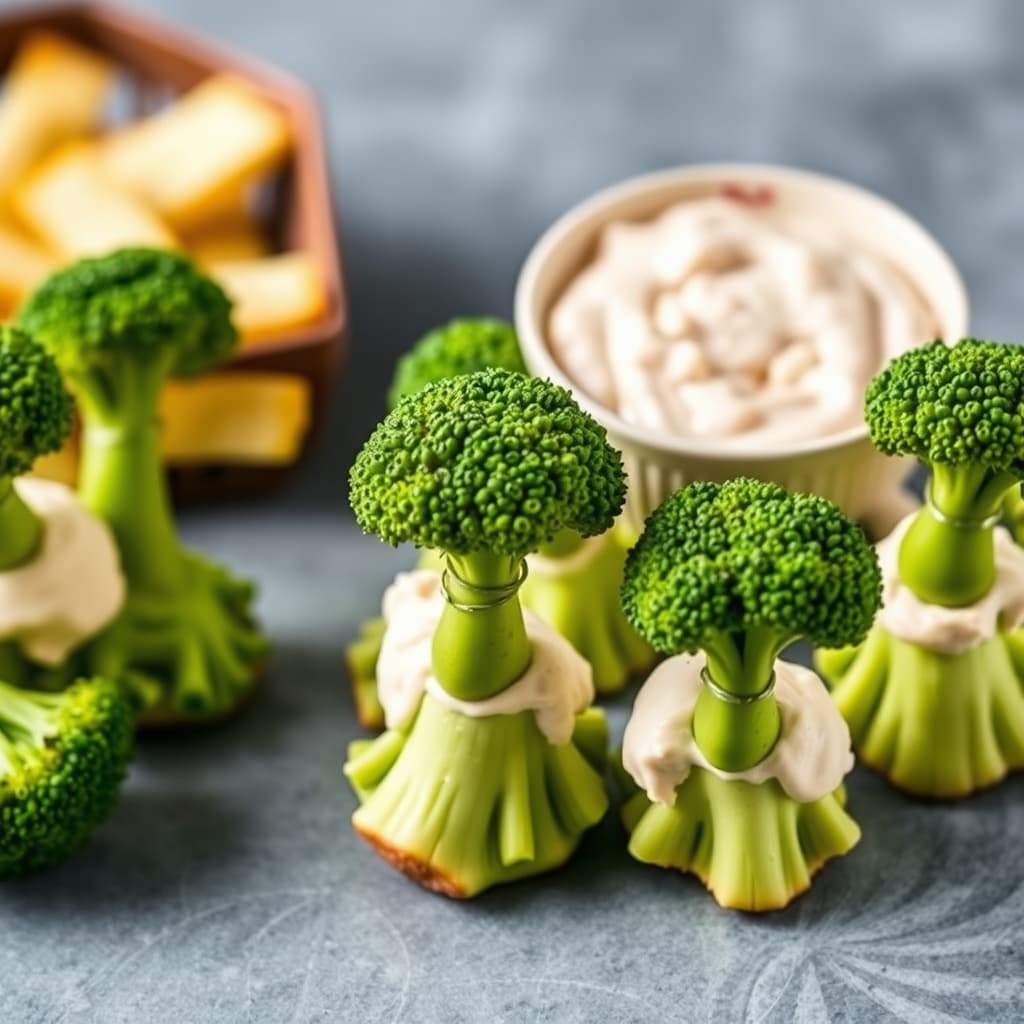 Brokkolibuketter med kremet hvitbønndip