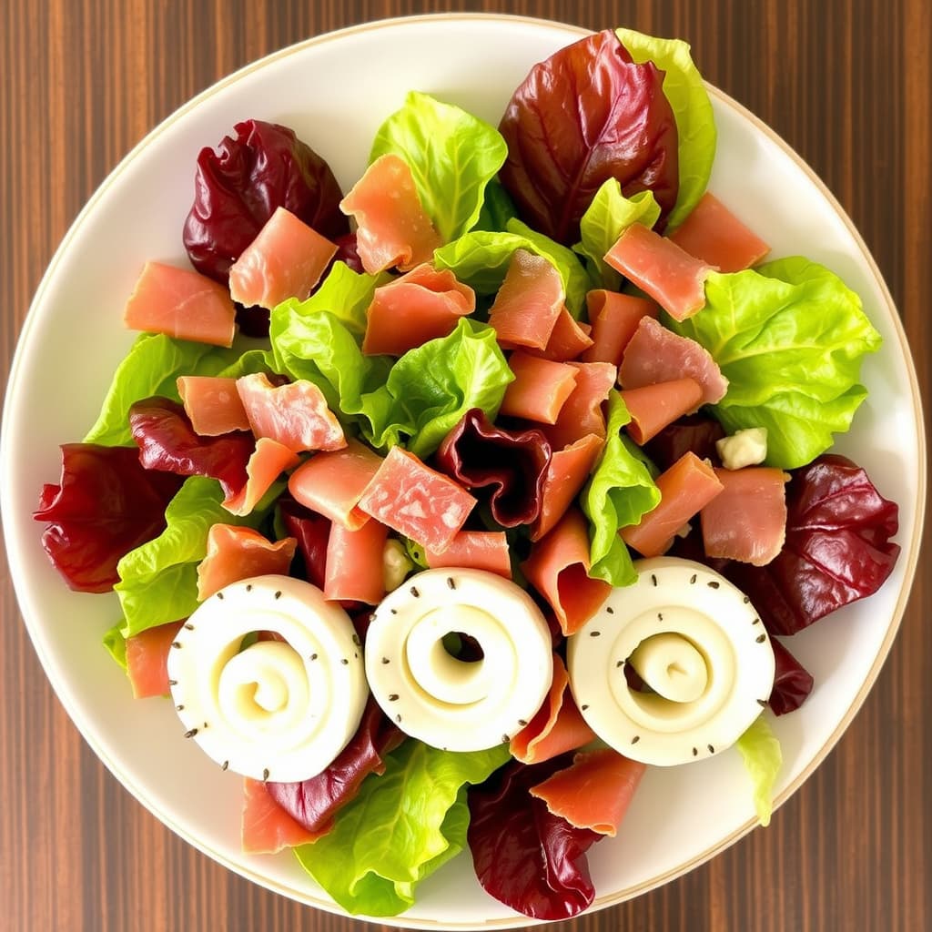 Bronzesalat og rød salat med serranoskinke og spiraler av geitost