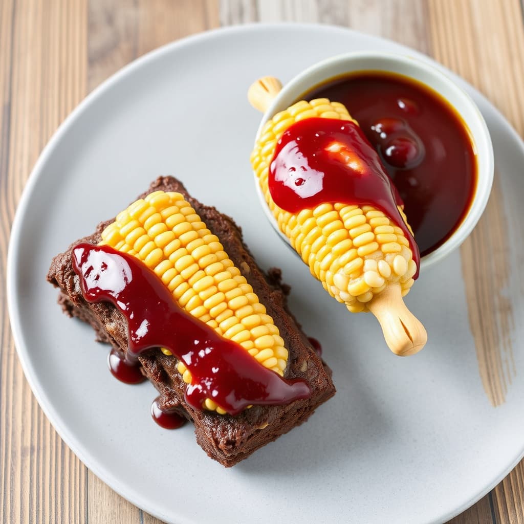 Brownie "Ribs" og Crispy Rice Treat "Maiskolbe" med Drunk Cherry BBQ-saus