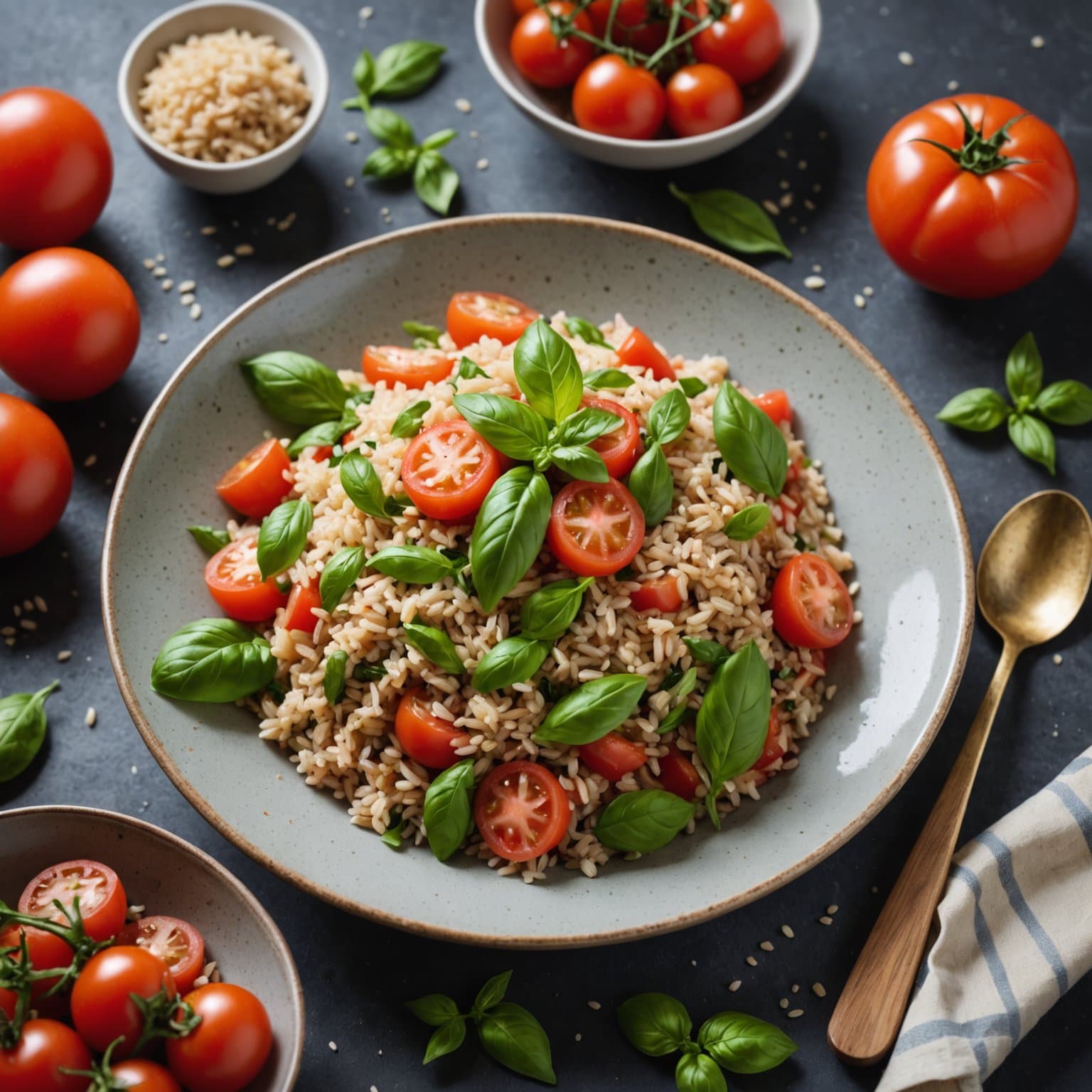 Brun ris-, tomat- og basilikumsalat
