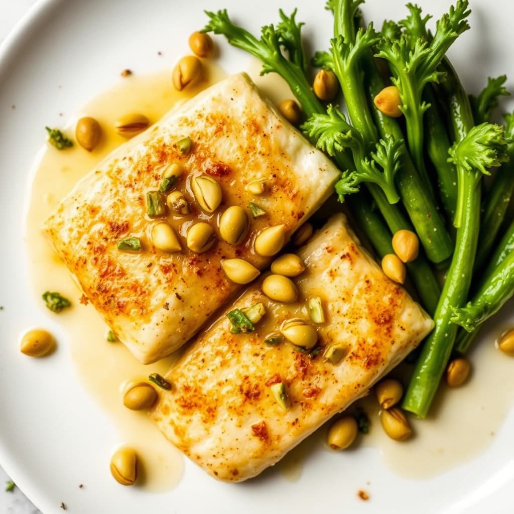 Brunet smørstekt tilapia med pistasjnøtter