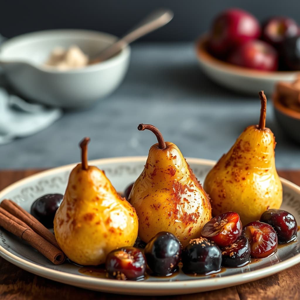 Brunt sukker- og kanelbakte pærer og plommer