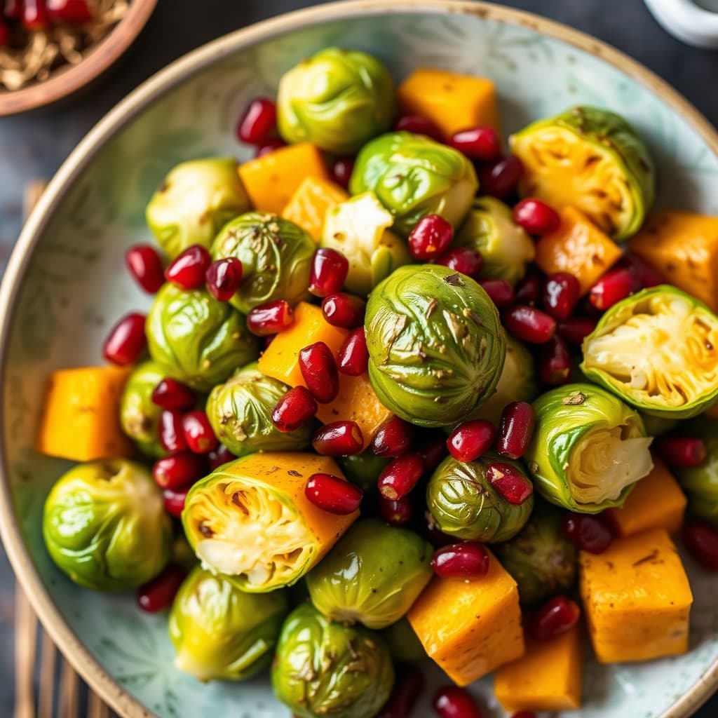 Brusselspirer med butternut squash og granateplekjerner