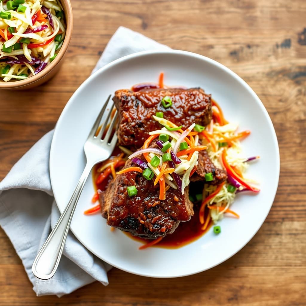 Bryst av bøffel med langkokte kortrever og asiatisk kålsalat