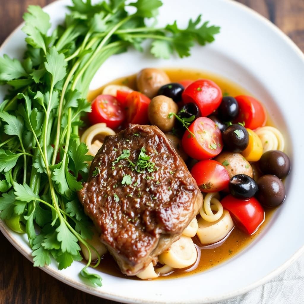 Bryst av kokt kalveskuldre med gremolata og tomat-olivsalat