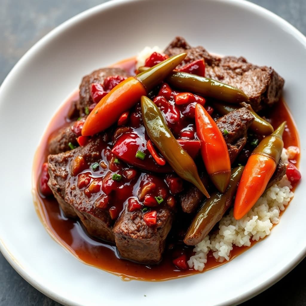 Bryst av okse, braisert med sterk saus og blandede chili.