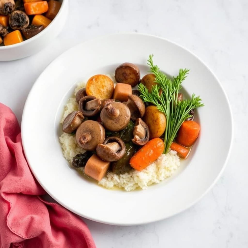 Bryst av okse med sopp og ovnsbakte rotgrønnsaker