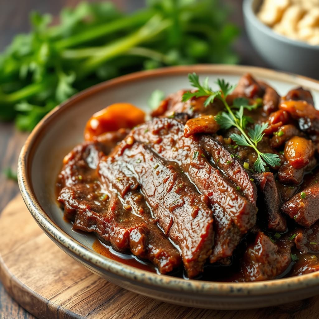 Bryst av okse som er brakt i gryte og kokt mørt