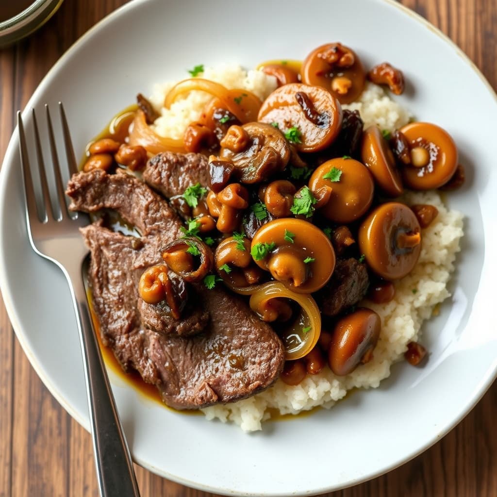 Bryst av oksebryst langsomt stekt med løk, sopp og balsamico