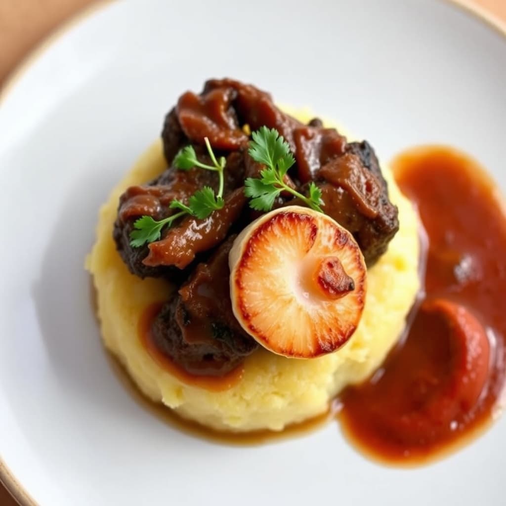 Bryst av storfe med langkok, servert med stekt kamskjell på mofongokake