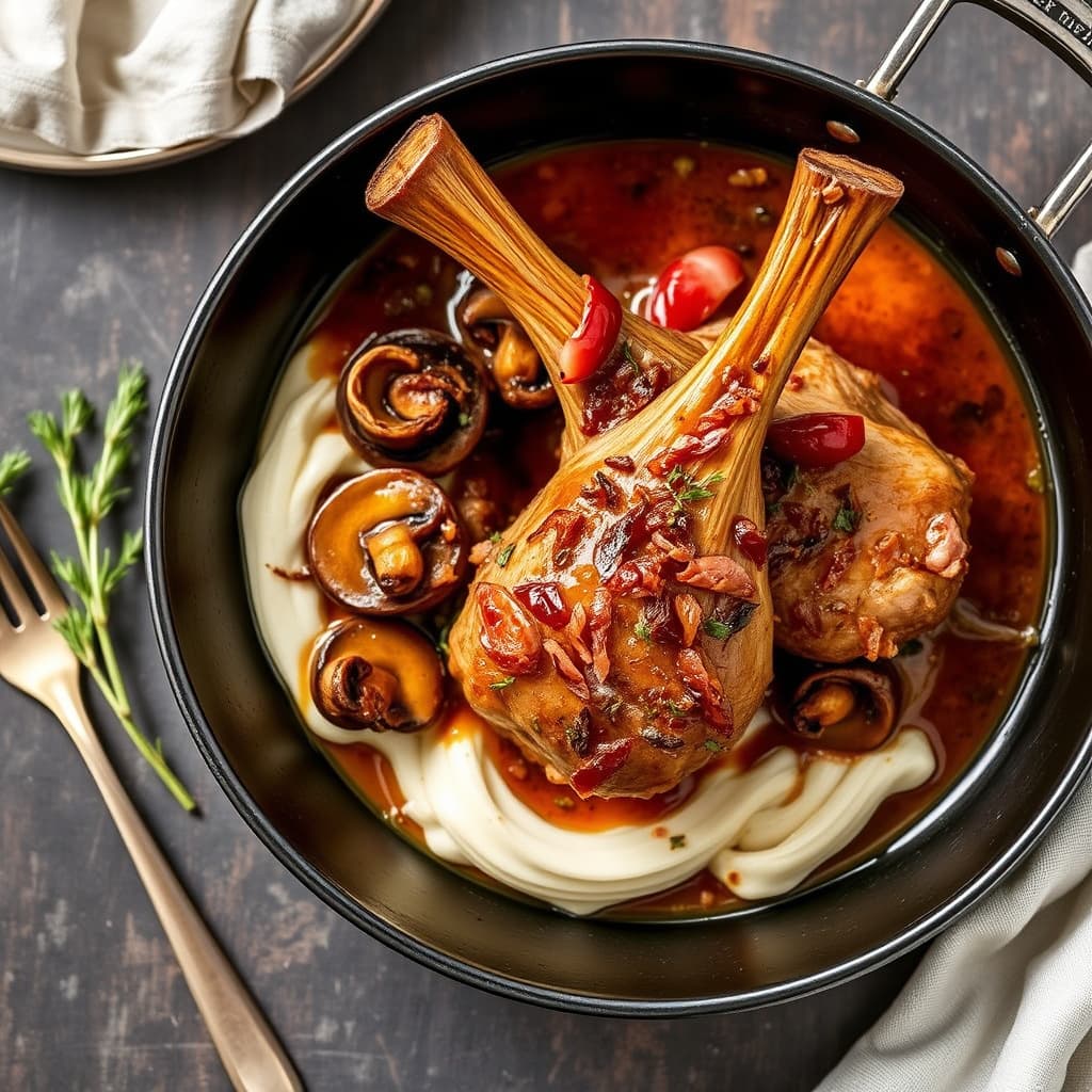 Brystede og ovnsstekte svinekne med prosciutto og porcini-sopp