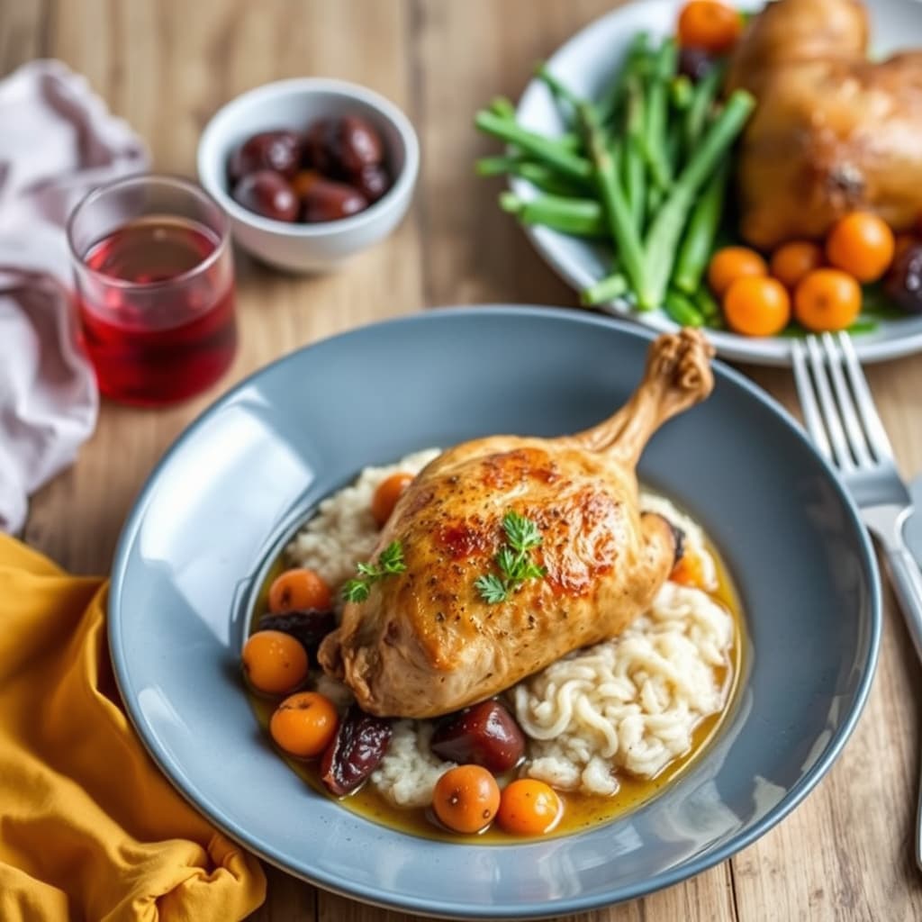 Brystet kylling med aprikoser og dadler, braisert