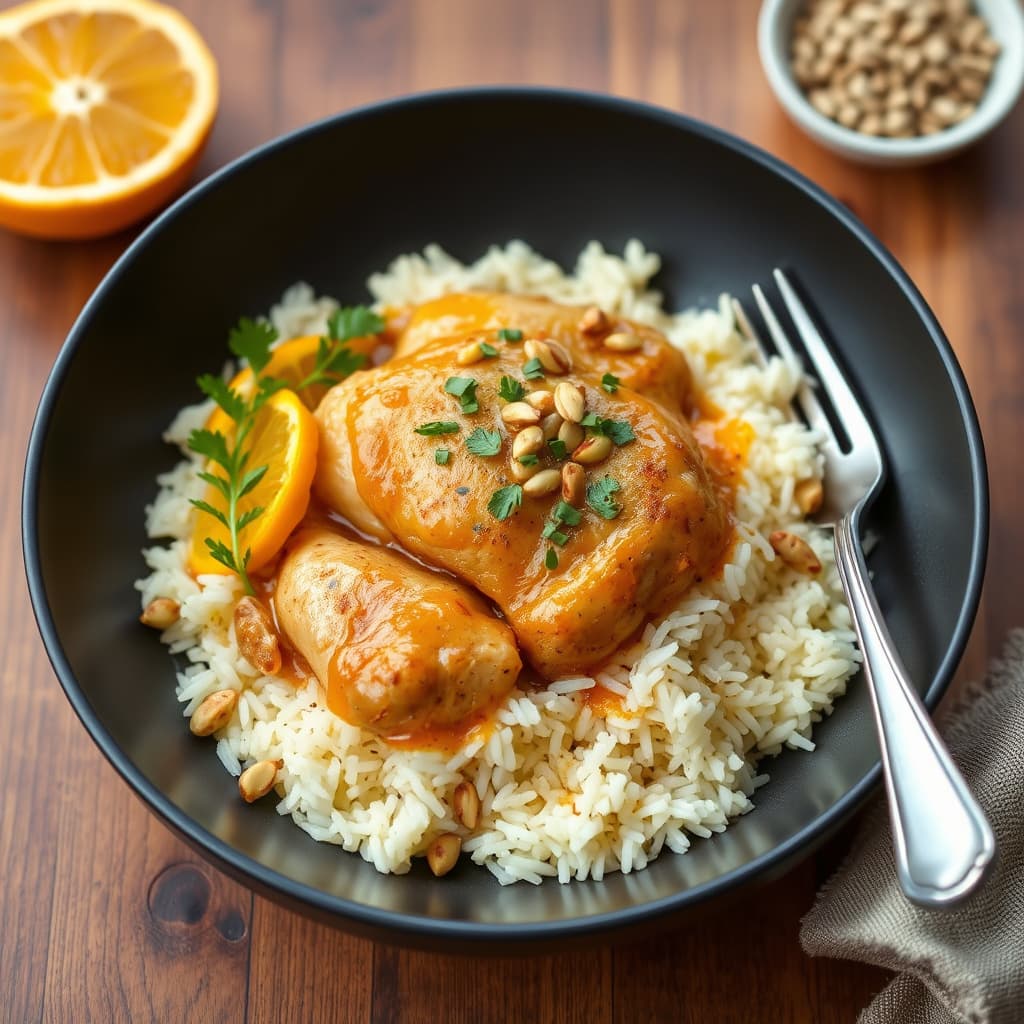 Brystet kylling og ris med appelsin, safran, mandel og pistasj-sirup