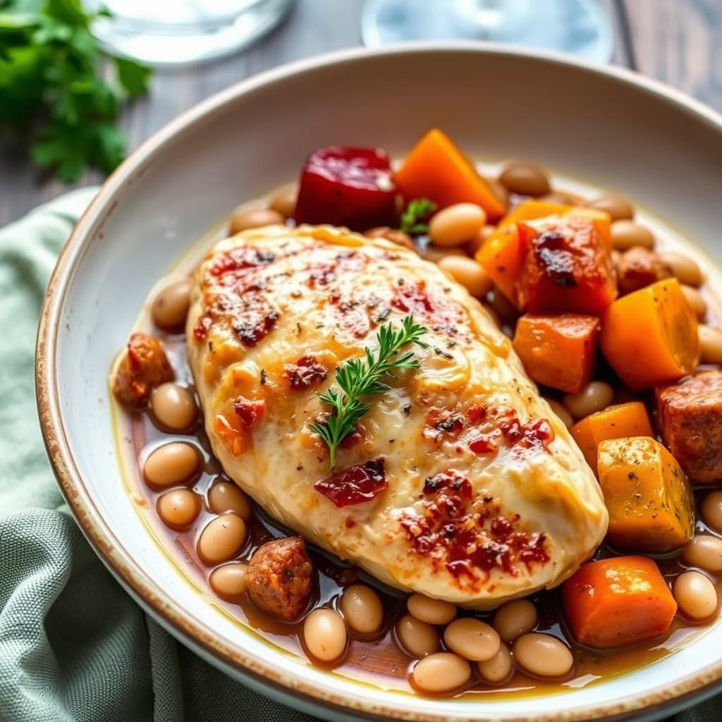Brystet provencalsk kylling med butternut squash og hvite bønner