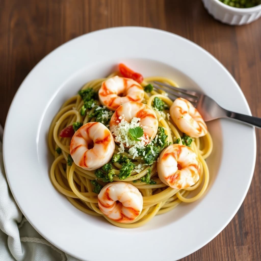 Bucatini med pesto og reker