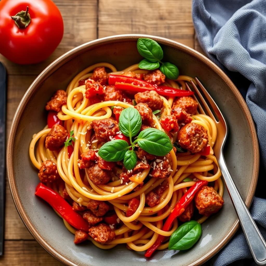 Bucatini med pølse og paprika