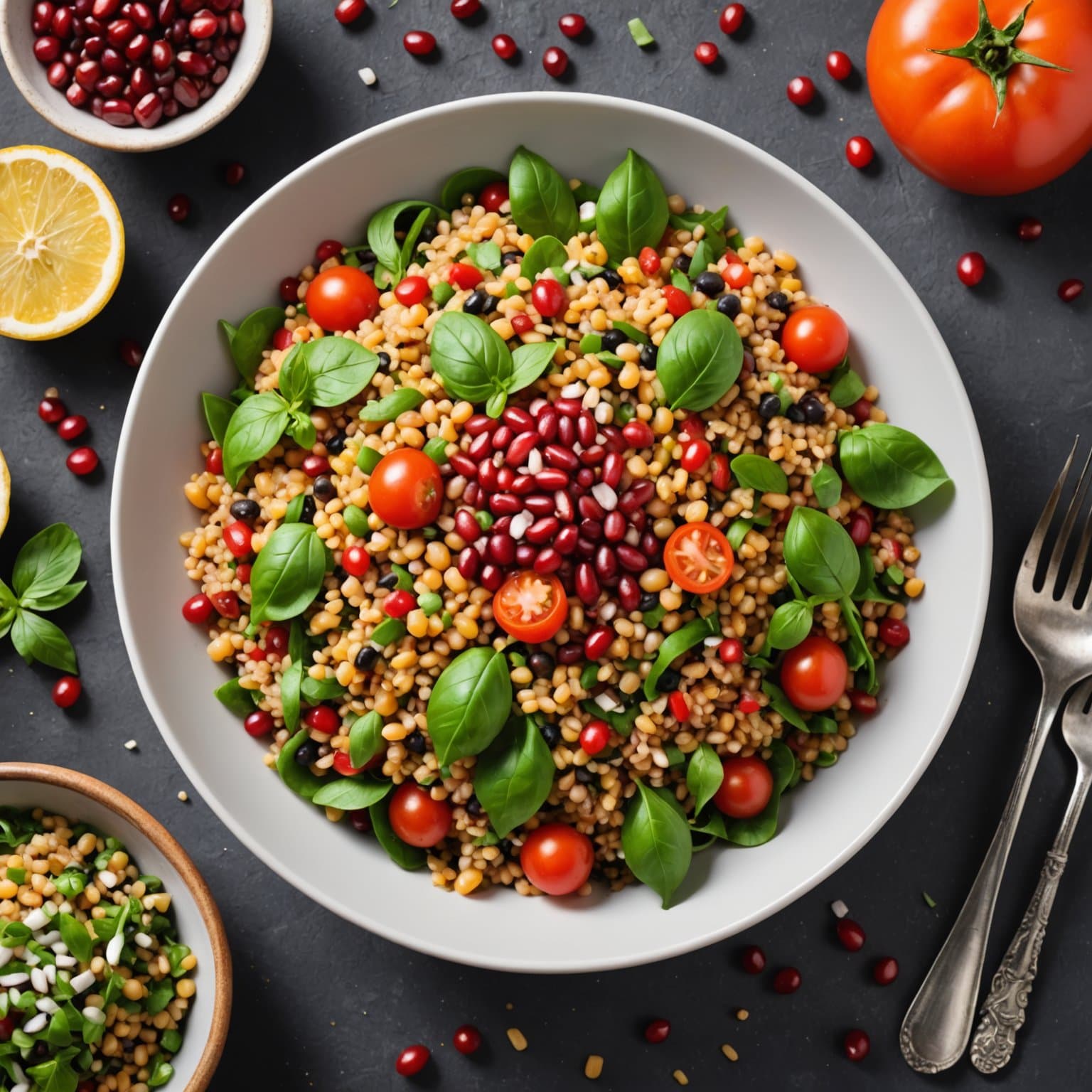 Bulgursalat med svarte øyne-bønner, tomater, løk og granateplesaus