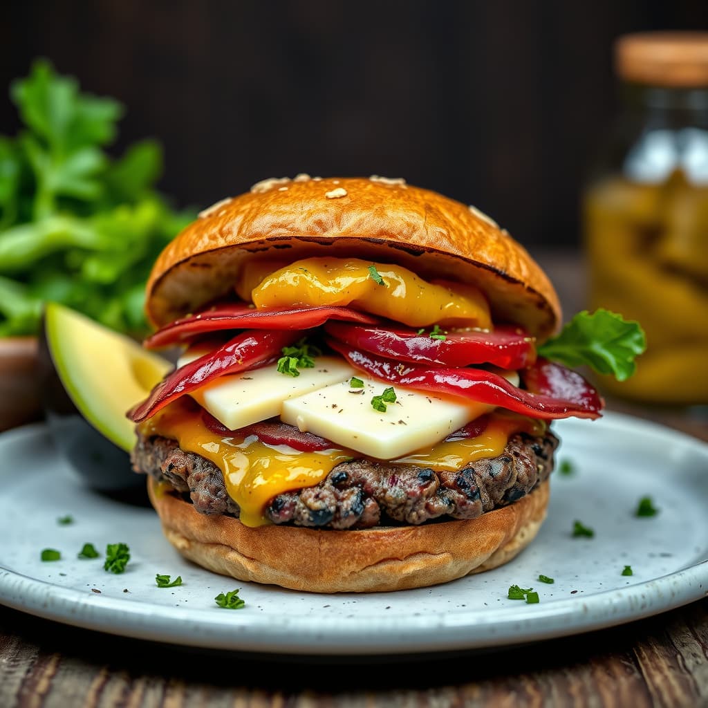 Burger med Taleggio, pancetta og løk-senneps relish