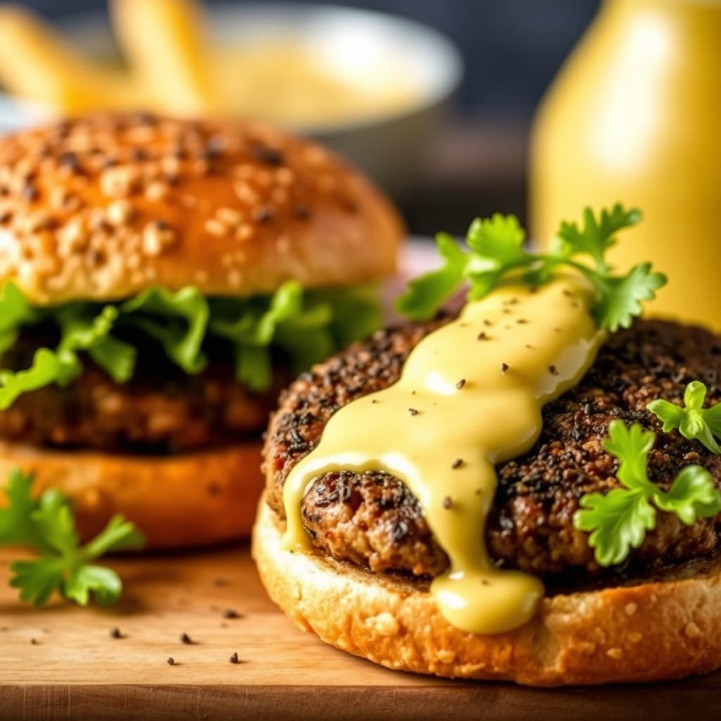 Burgere med svart pepper og en sennepssaus