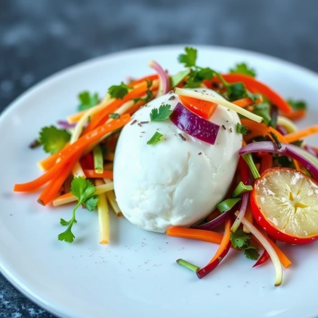 Burrataskinke med skivet grønnsakssalat