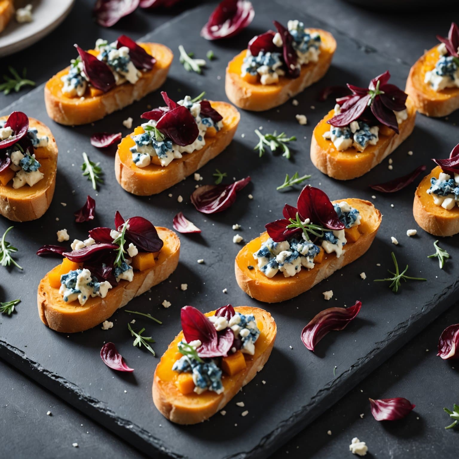 Butternut-krostini med radicchio og blåmuggost