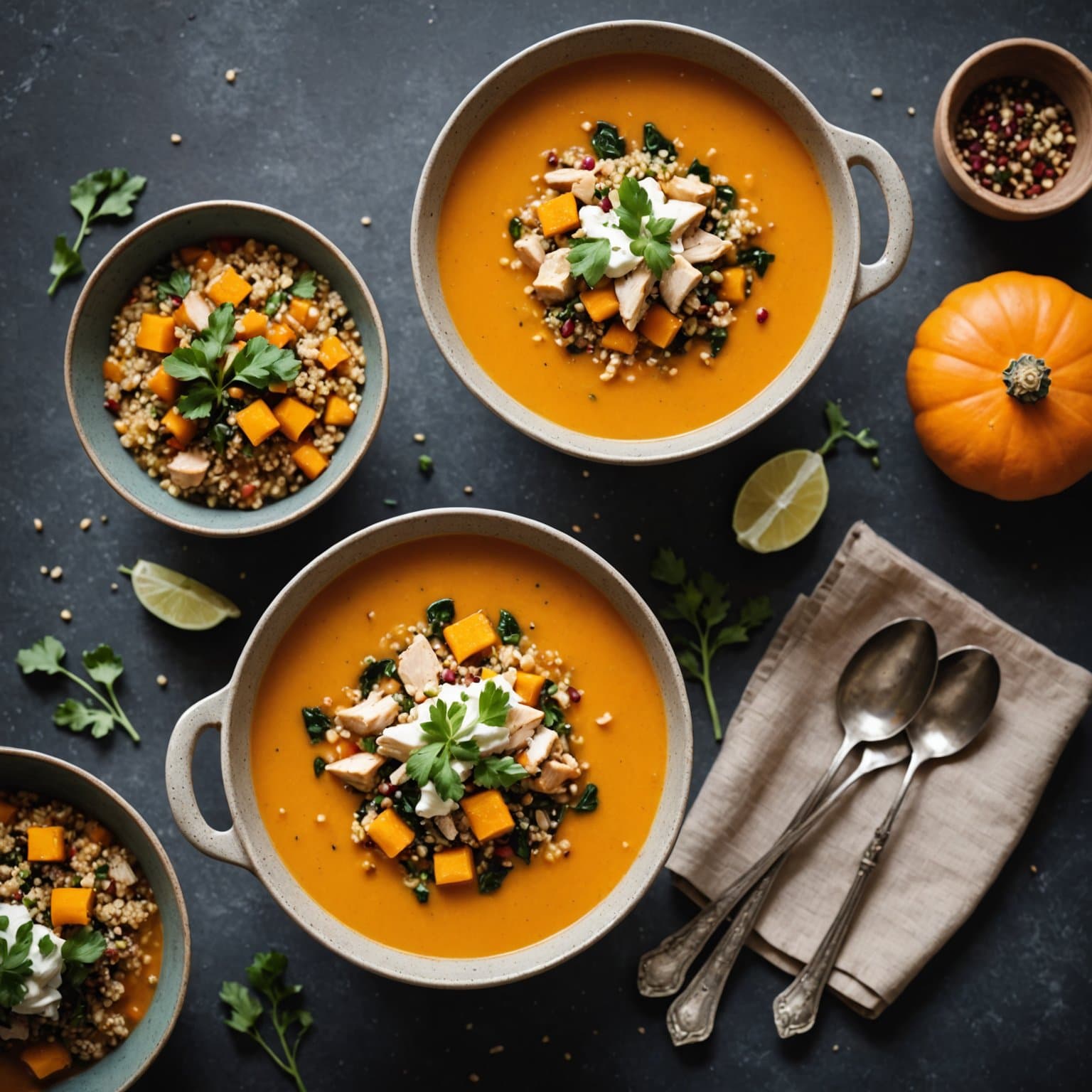 Butternut squash-, kylling- og quinoa-suppe