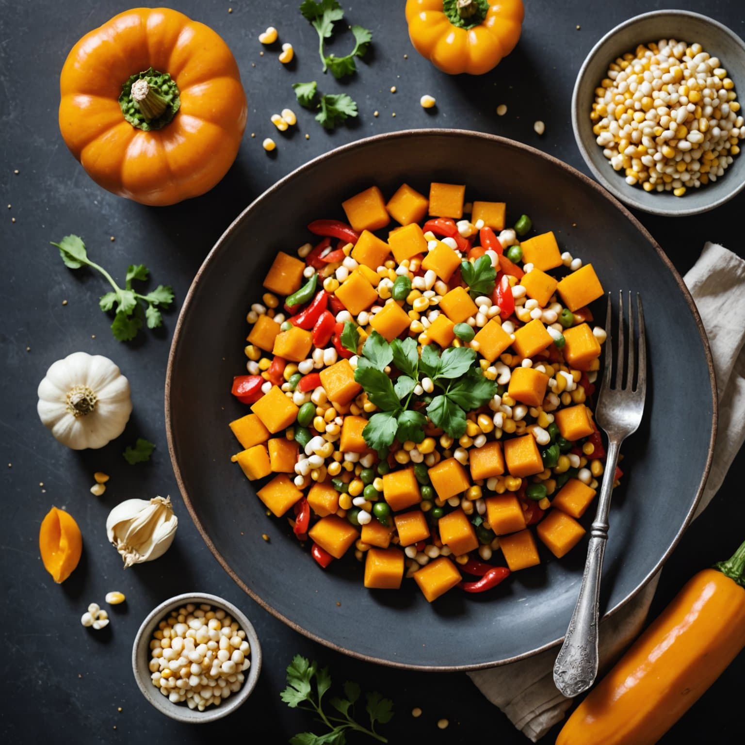 Butternut squash med hominy, mais og paprika