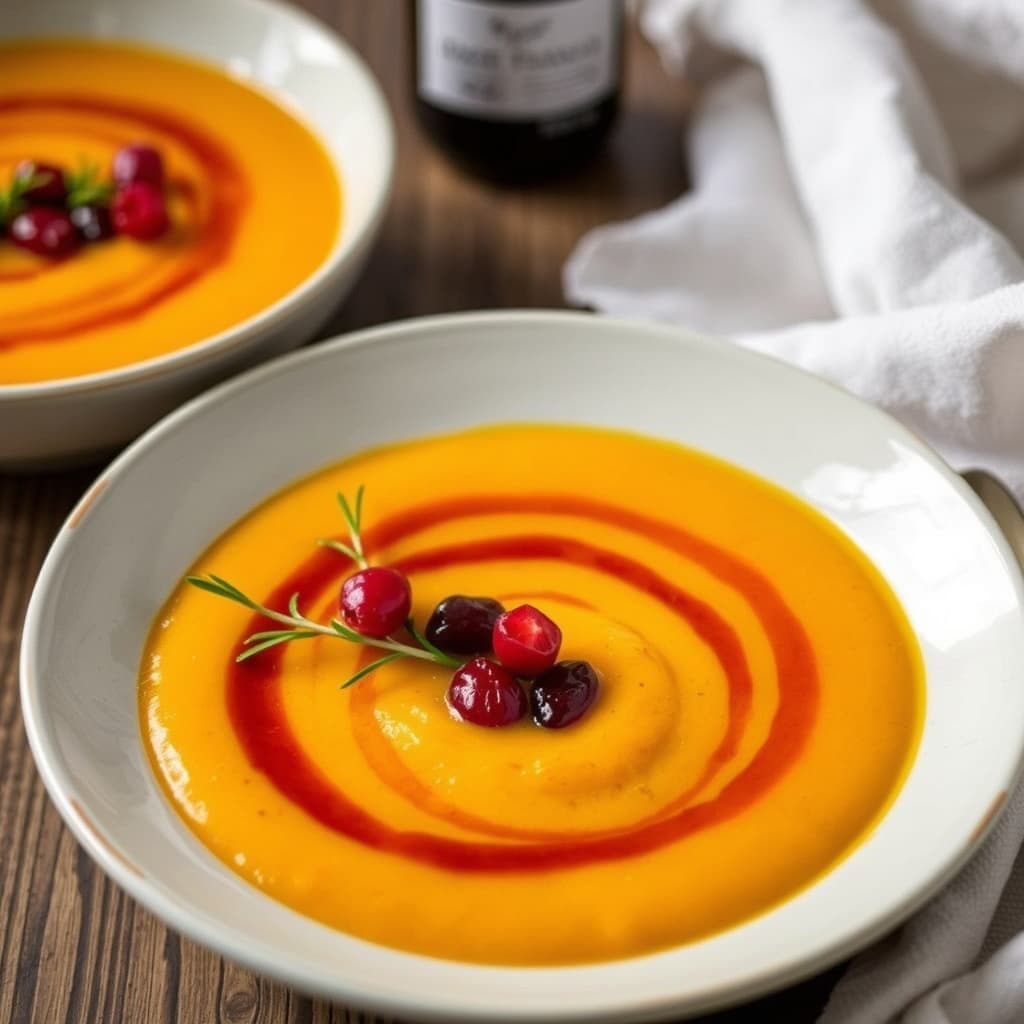 Butternut-supp med syltet tranebær og vaniljeolje