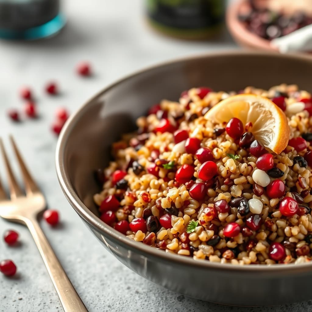 Byg- og villrispilaf med granateplefrø