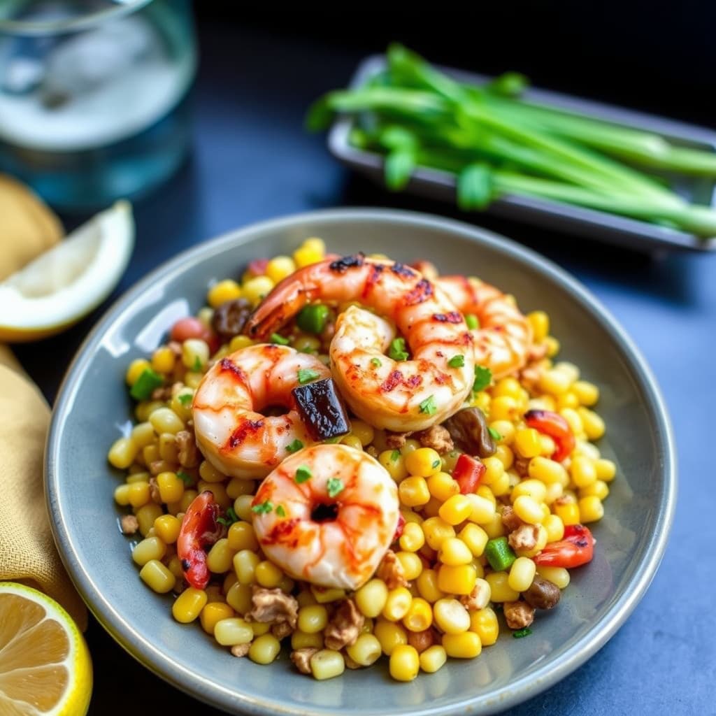 Cajun Tasso Corn Maque Choux med grillet reker