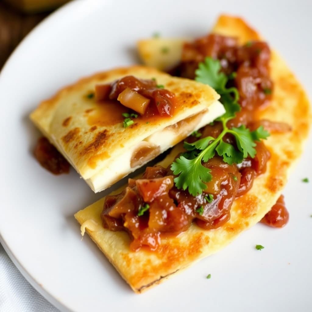 Camembert- og karamellisert løkquesadilla med eplechutney