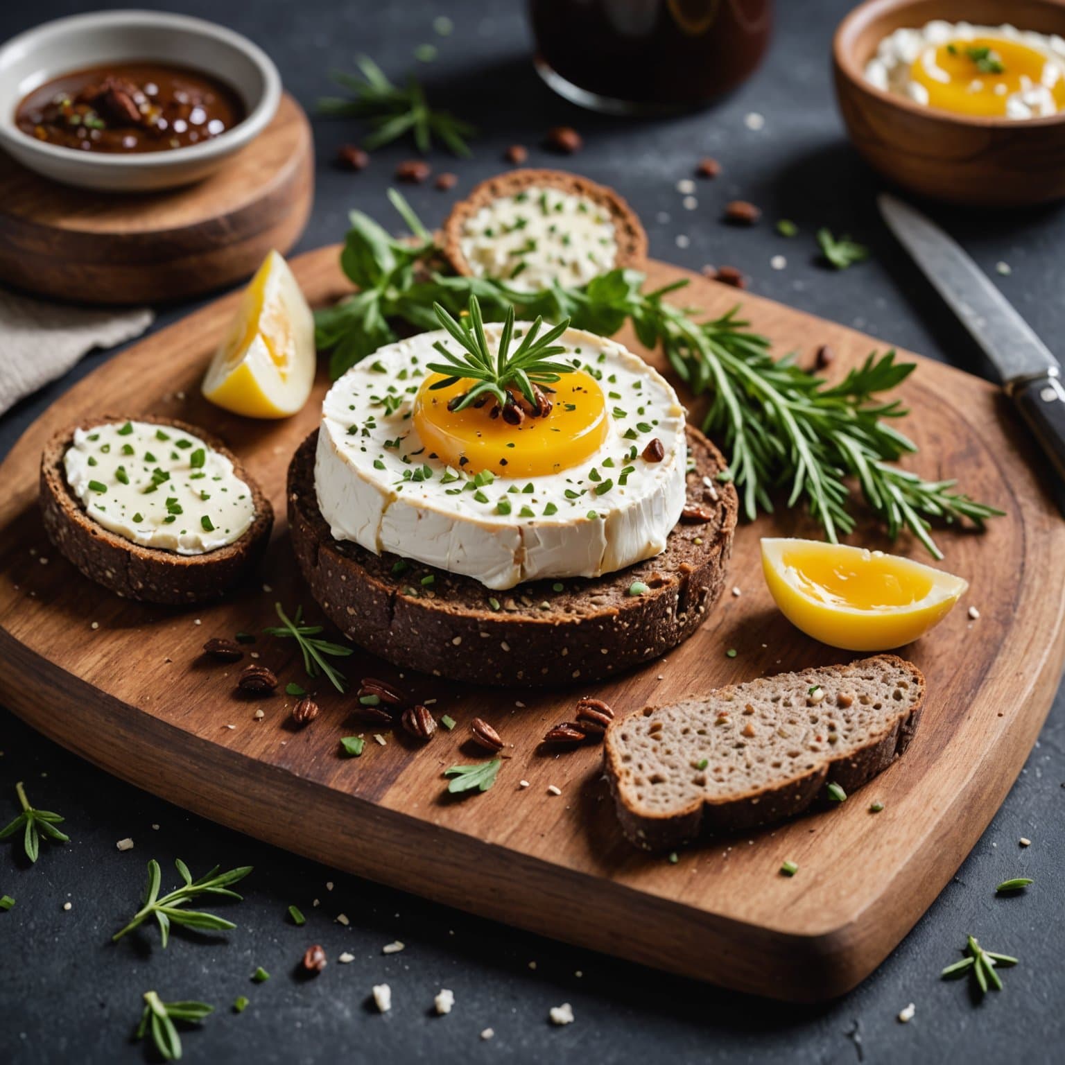 Camembert- og karvepålegg på pumpernickel-toast