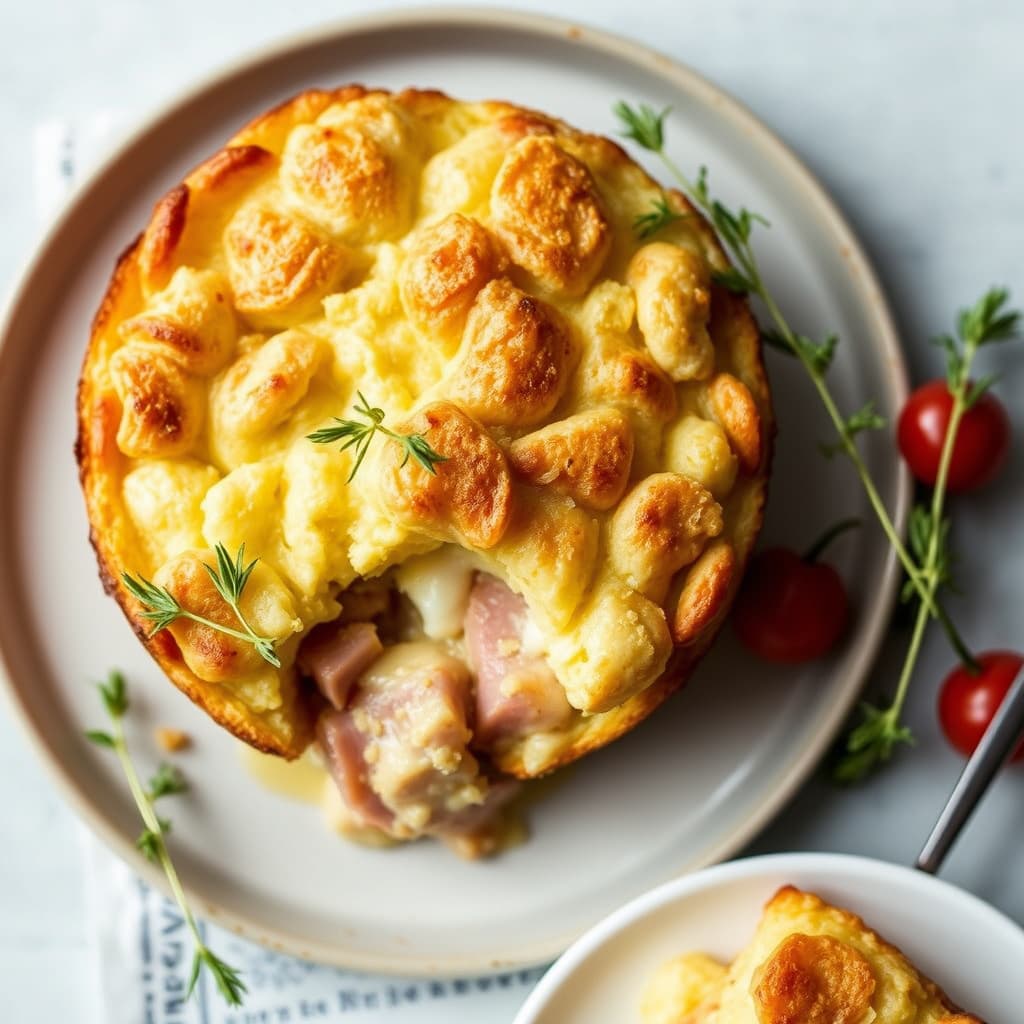 Camembert og skinke brødpudding