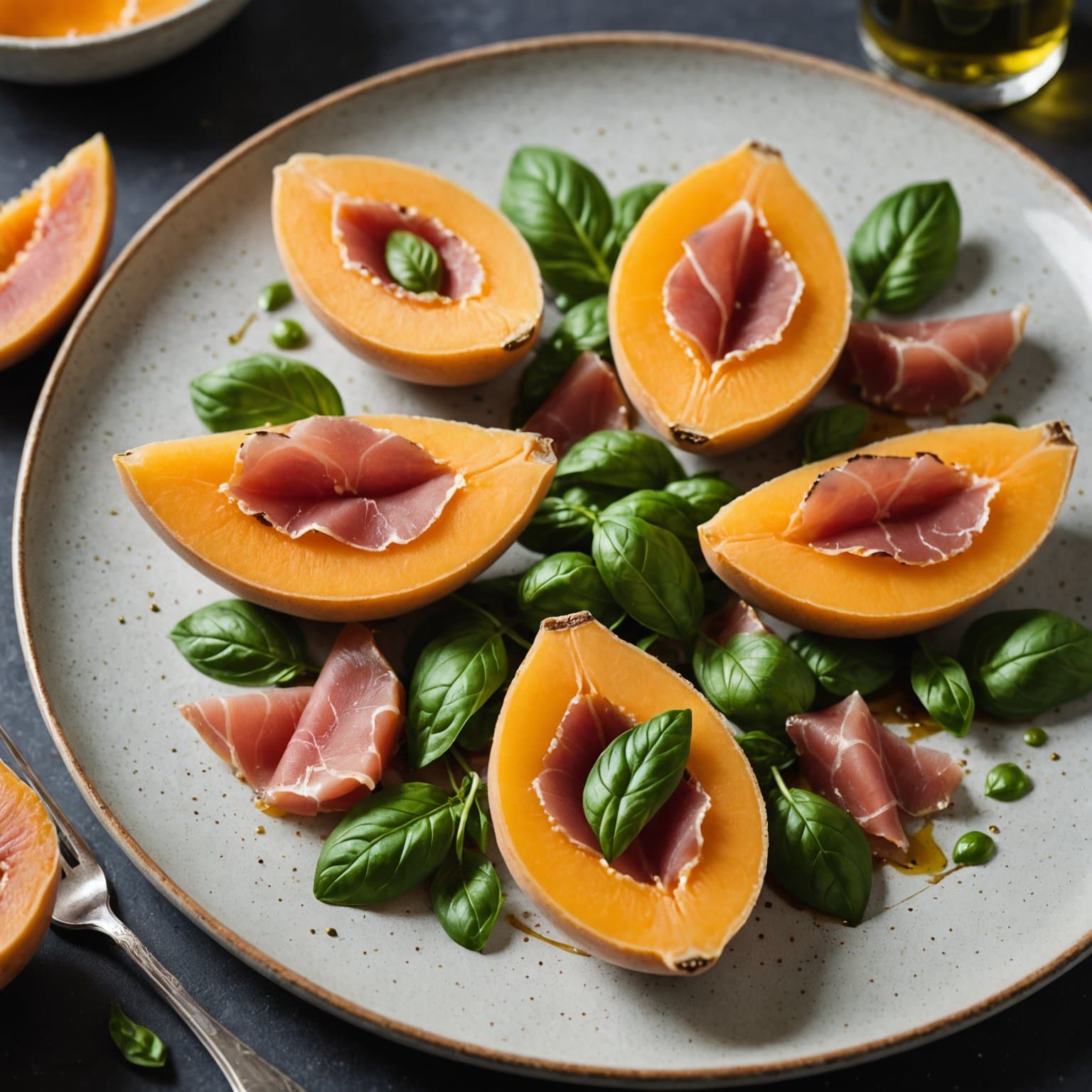 Cantaloupe og prosciutto med basilikumolje