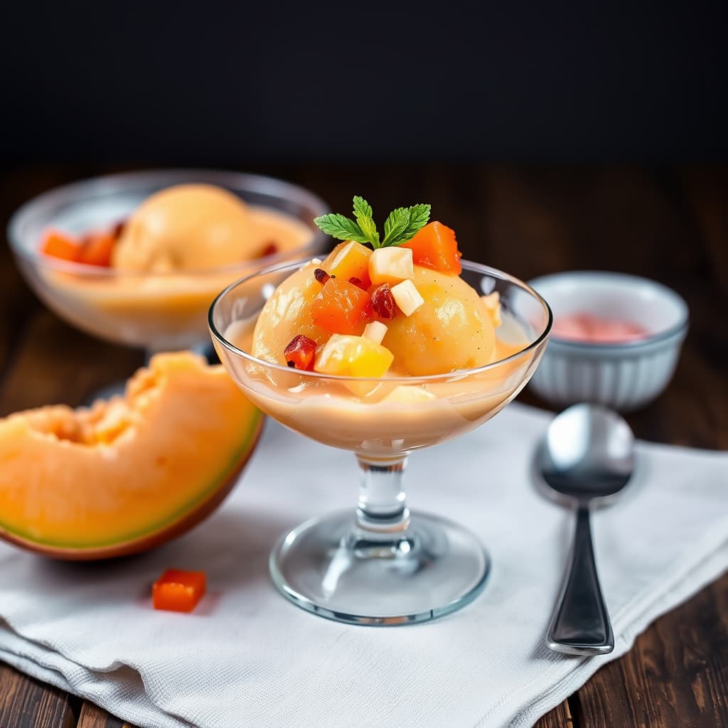 Cantaloupe-sorbet med melonkonfetti-kompott