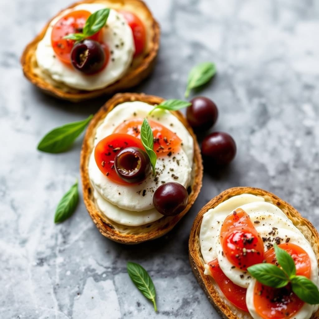 Caprese med oliven på hvitløksristet brød