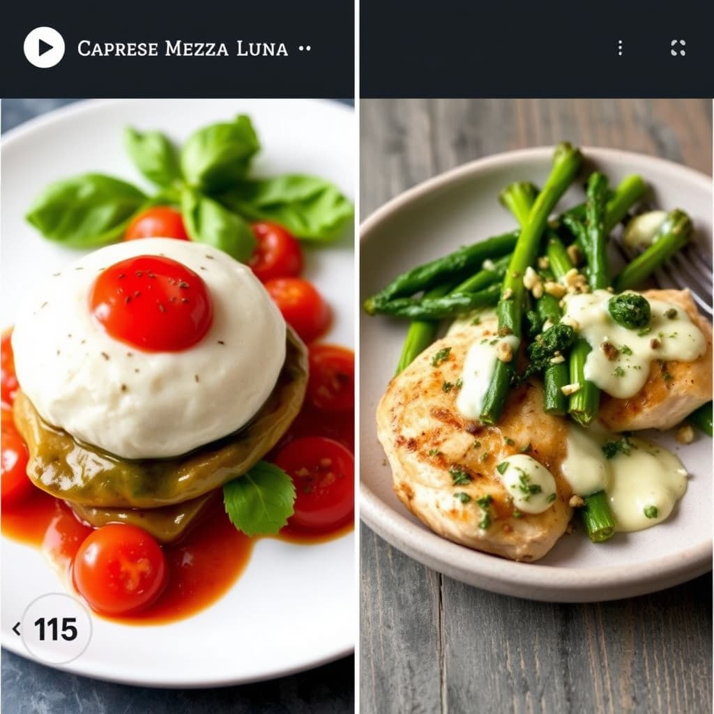 Caprese Mezza Luna i 10 og Kylling med brokkolini og Asiago-saus i 15
