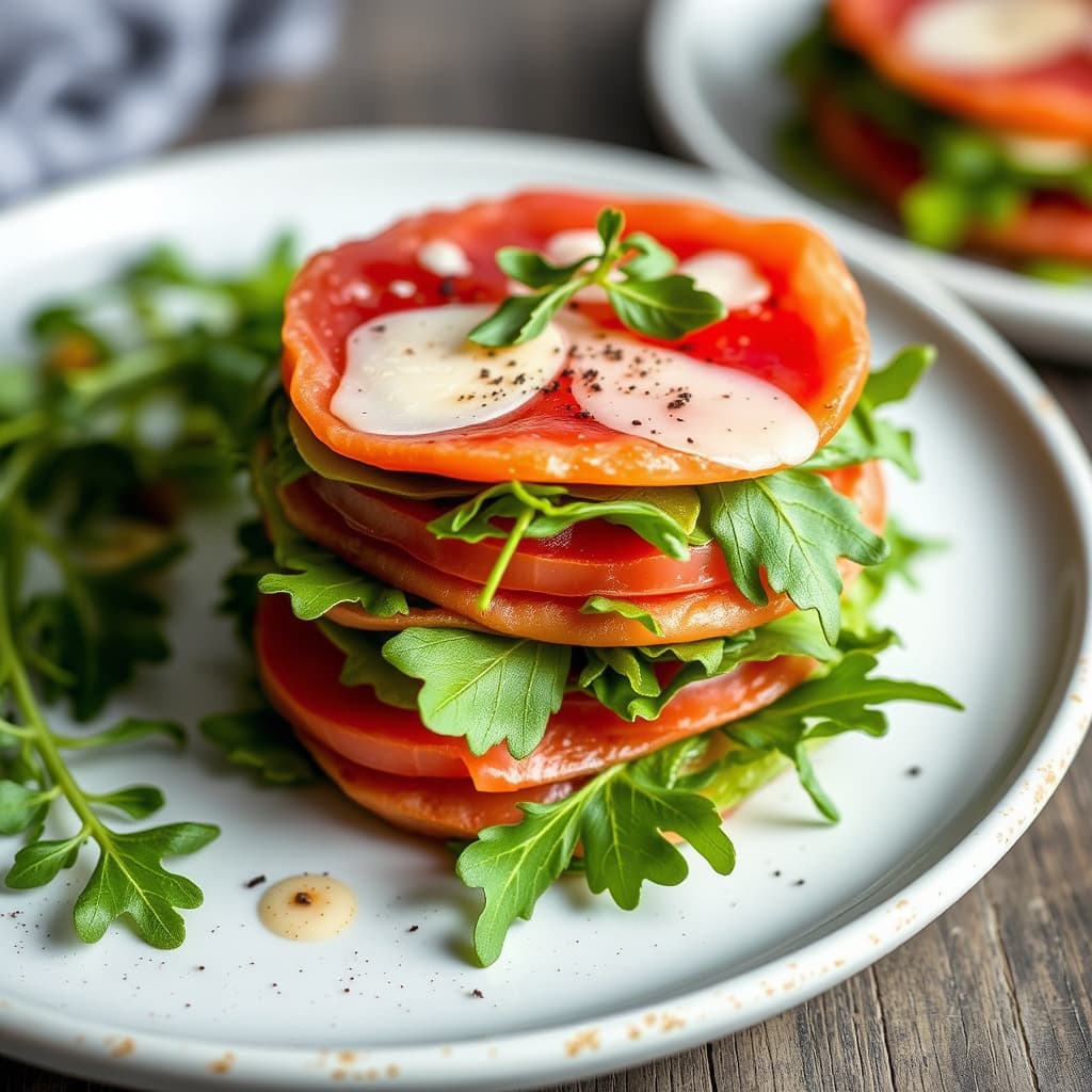 Carpaccio, ruccola og parmesanstabler