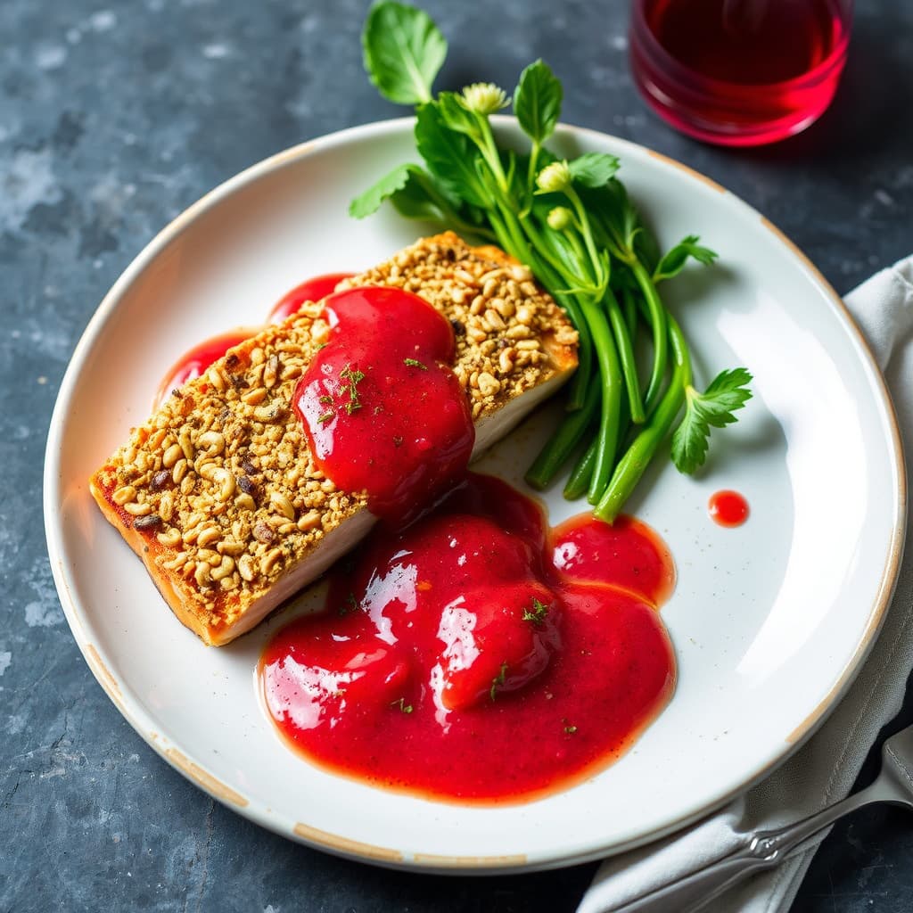 Cashew- og rosmarinenbakt laks med hibiskus-lime-saus