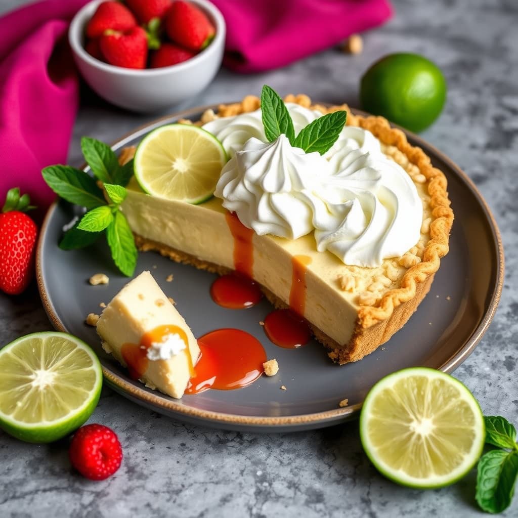 Cashew-omskåret key lime-pai med pisket krem og fruktcoulis