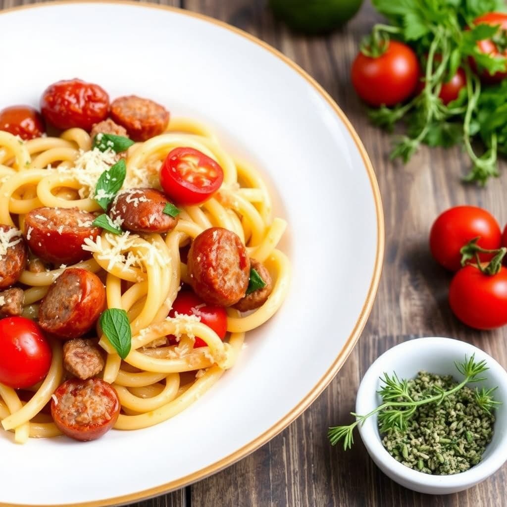 Castellane-pasta med pølse, paprika, cherrytomater og merian