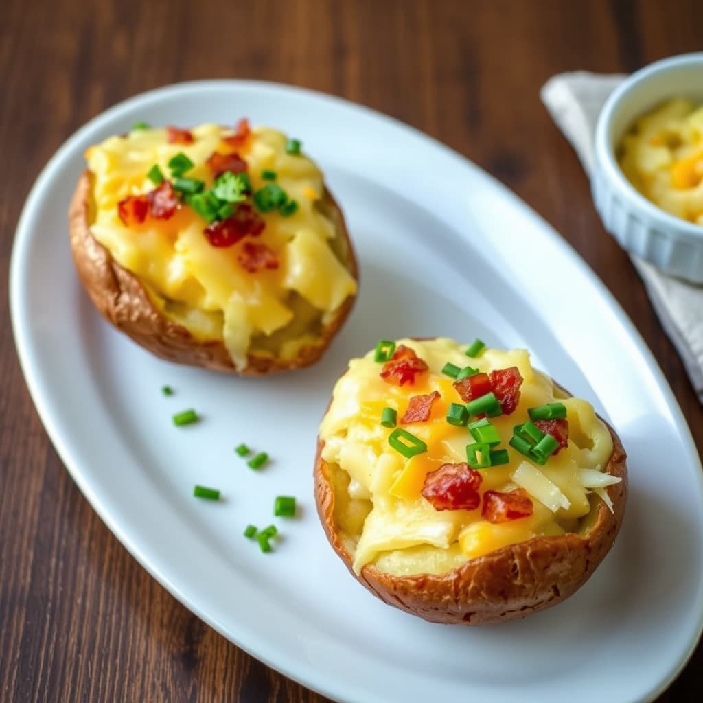 Cheddar- og baconfylte dobbeltbakte poteter