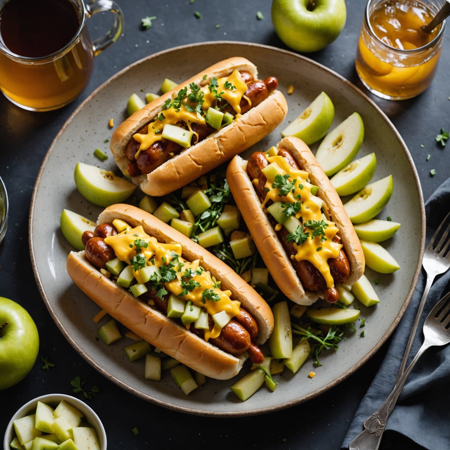 Cheddarpølser med ciderbraiserte purre og epler