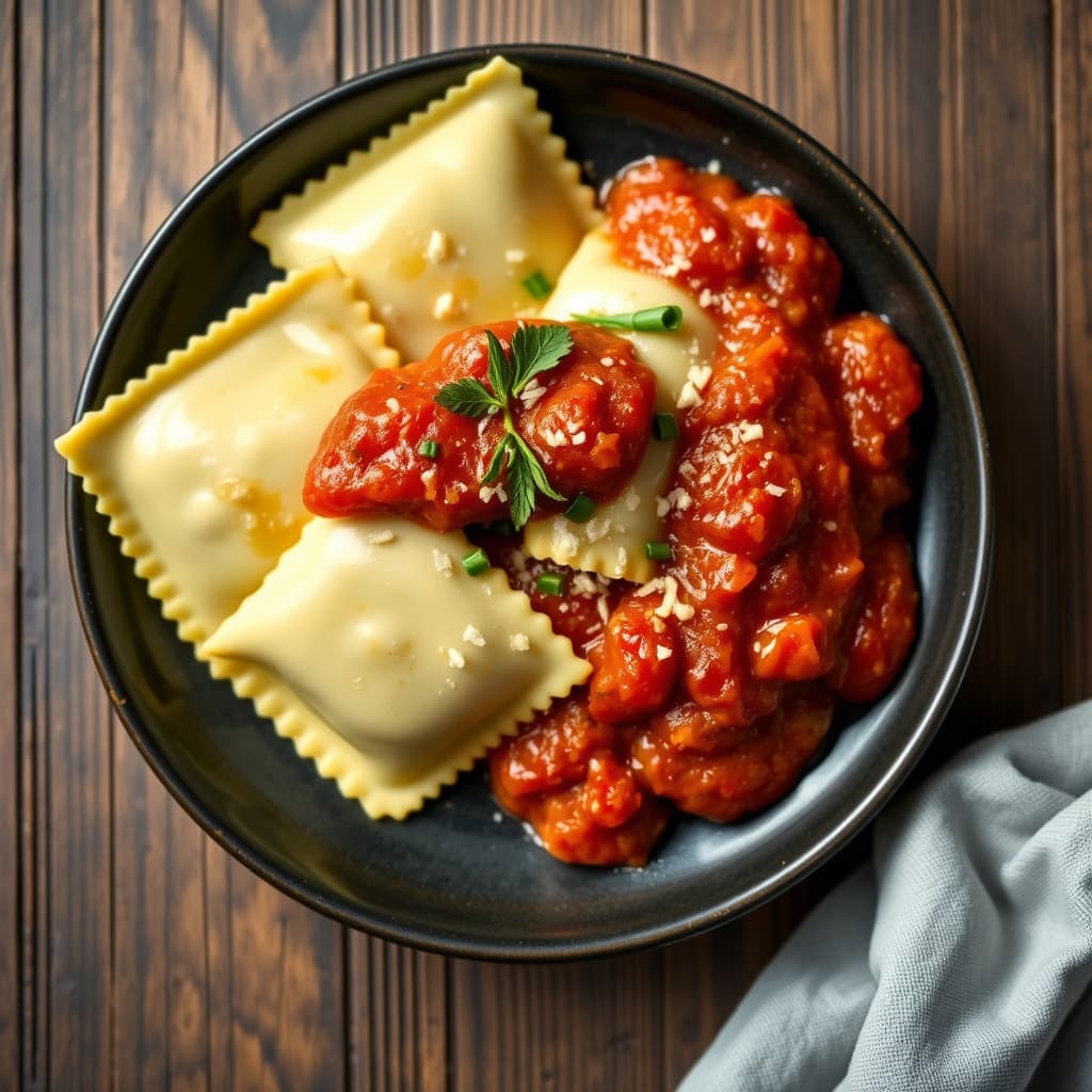 Cheese- og gressløk-ravioli med tomat- og rød peppersaus