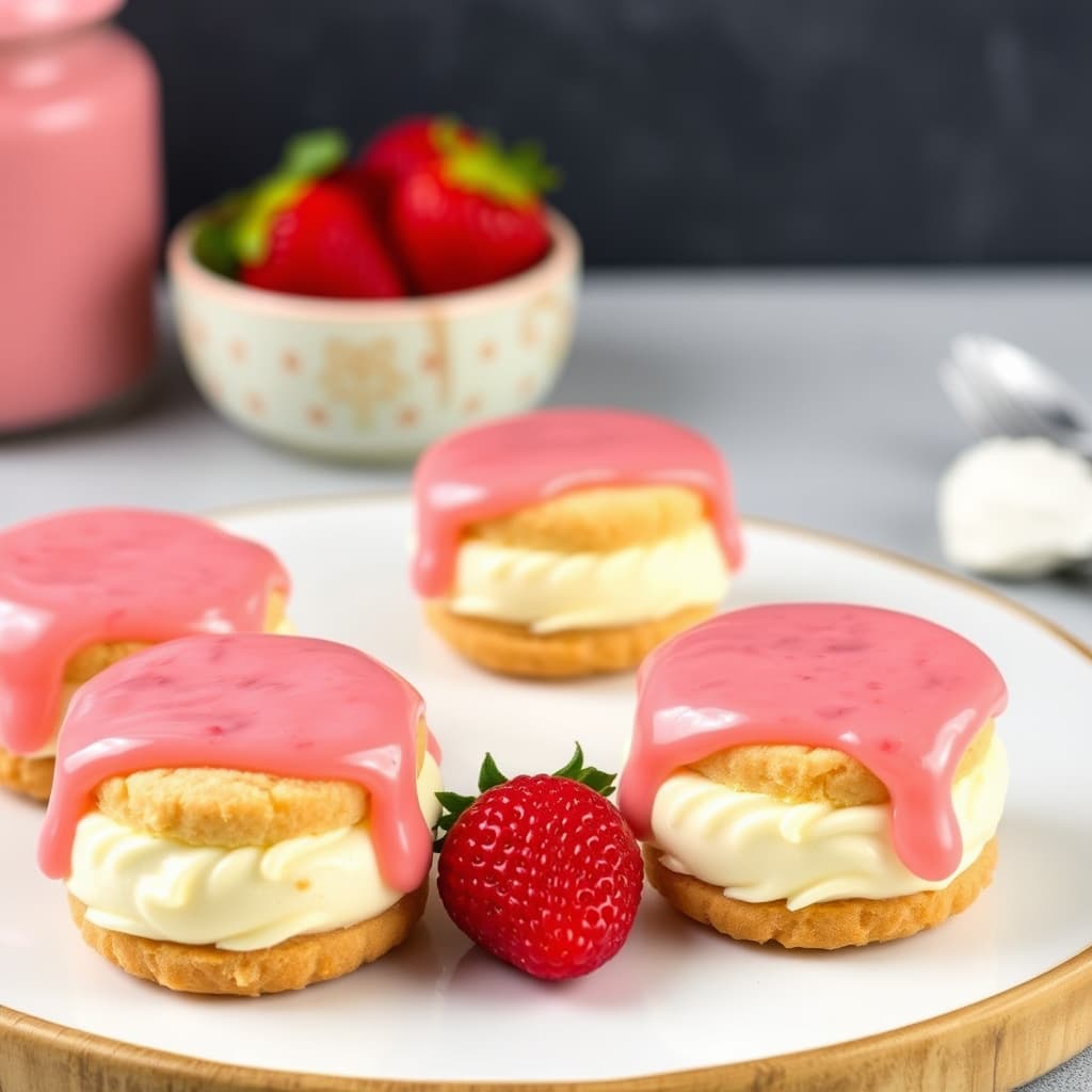 Cheesecake Petit Fours med kremet jordbærglasur