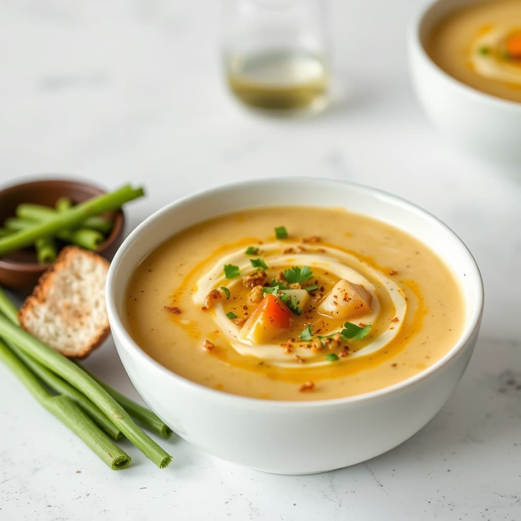 Cheeseteig med purre og sennepssuppe