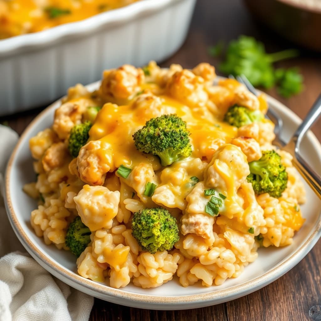 Cheesy brokkoli-, kylling- og risgrateng