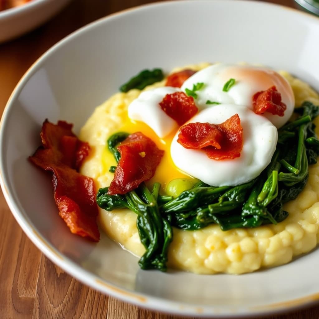 Cheesy Grits med posjerte egg, grønnsaker og bacon